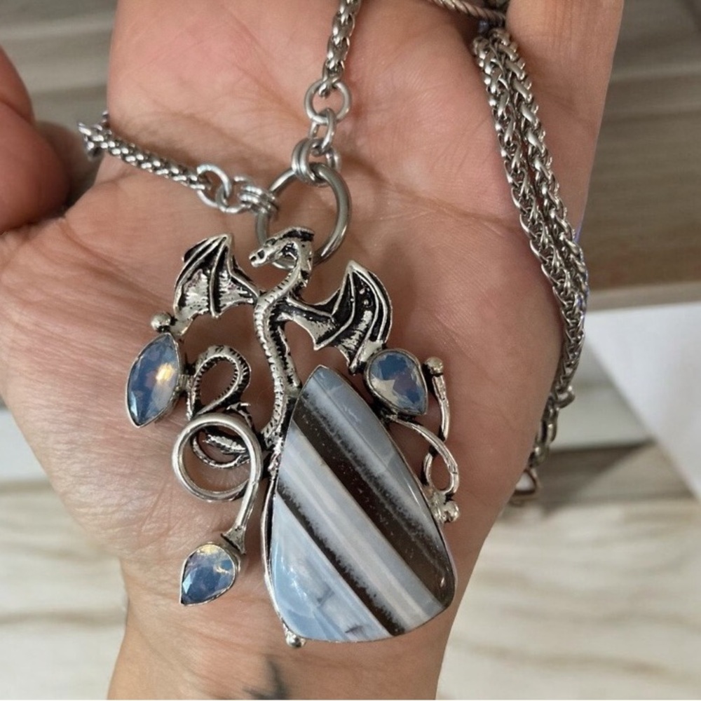 925 sterling silver overlay stripped agate iridescent opalite dragon necklace - Picture 2 of 12